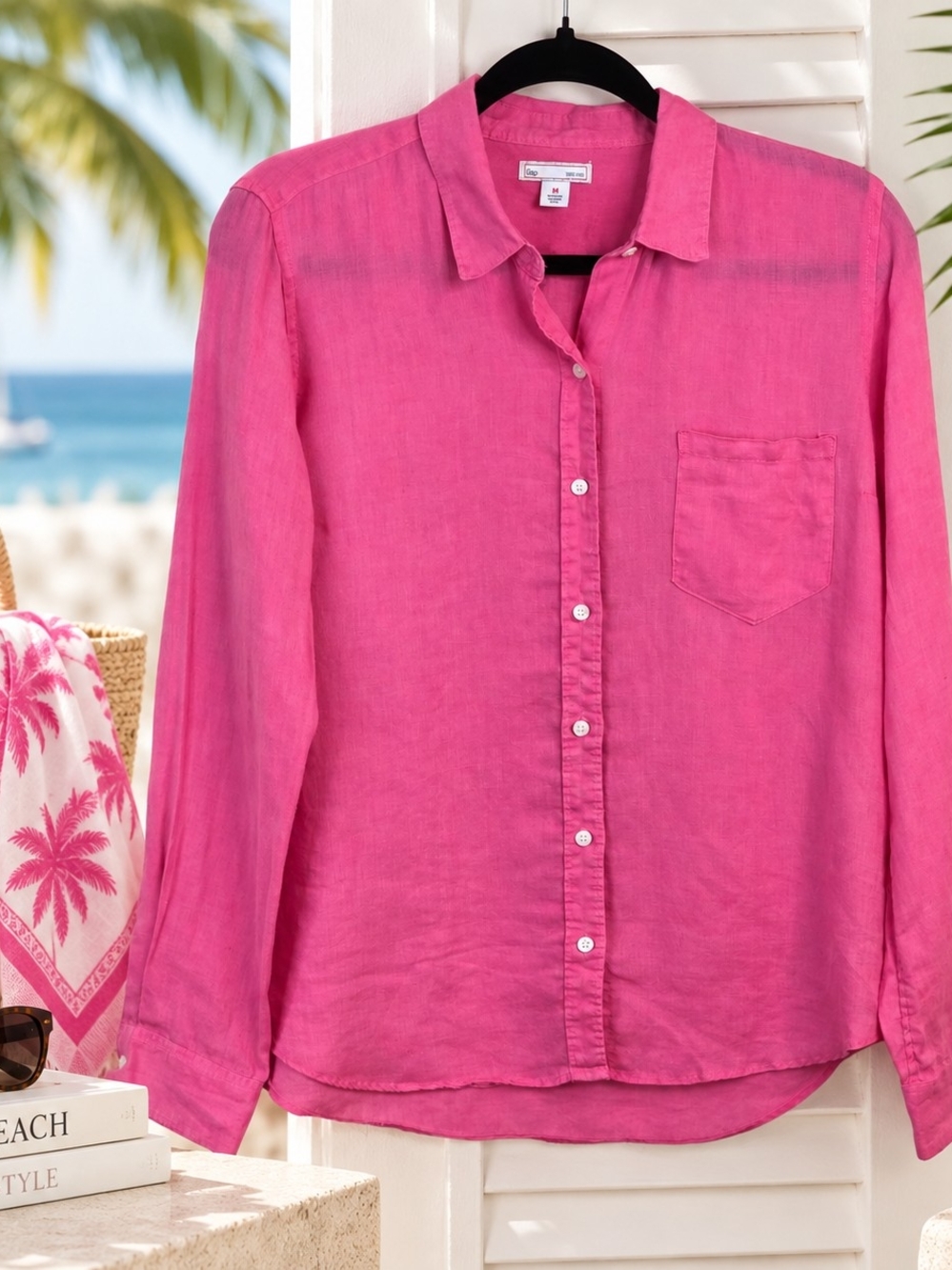 Gap Pink 100% Linen Button Down Shirt Medium Coastal Resort